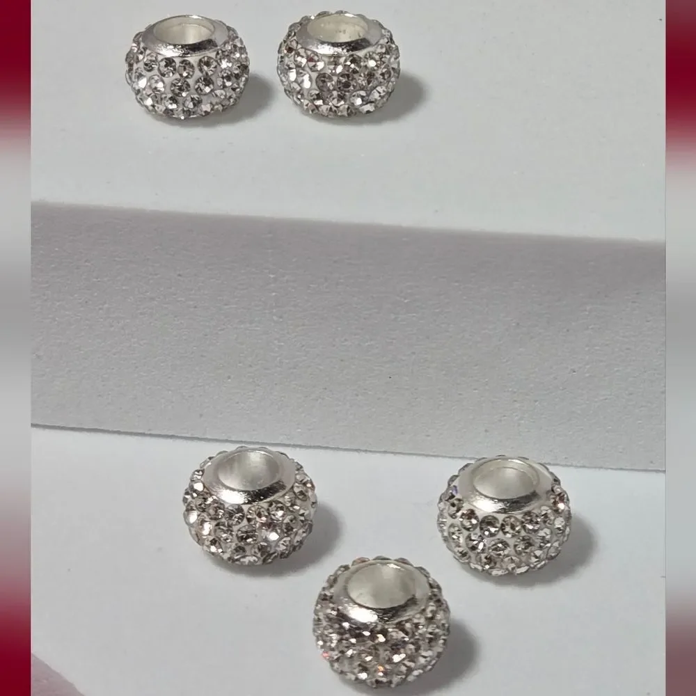 5pcs - Sparkly Silver Crystal Spacer Beads Pave Charm Bracelet Set DIY Jewelry